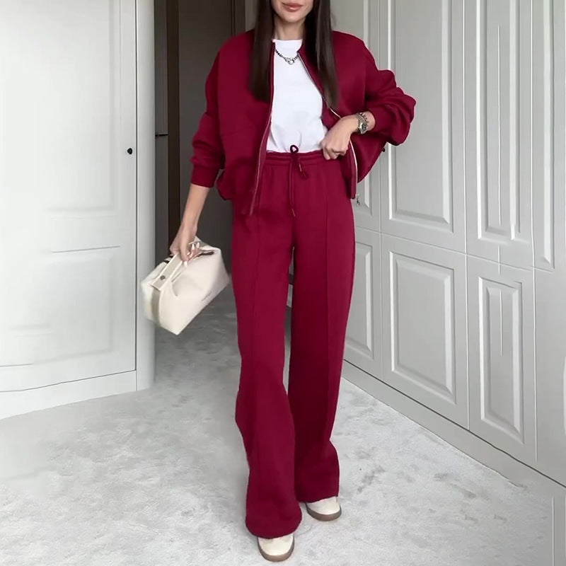 Solid Color Loose Zip Sweater Casual Trousers Suit - Palma