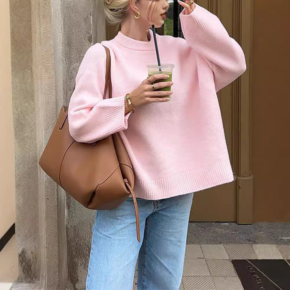 European And American Style Cross-border Amazon Hot Sale 2024 Winter New Style Pink Crew Neck Pullover Sweater - Palma