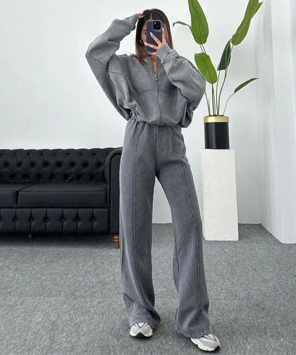 Solid Color Loose Zip Sweater Casual Trousers Suit - Palma