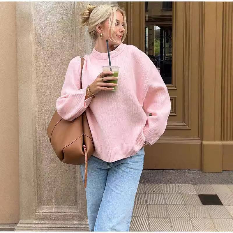 European And American Style Cross-border Amazon Hot Sale 2024 Winter New Style Pink Crew Neck Pullover Sweater - Palma