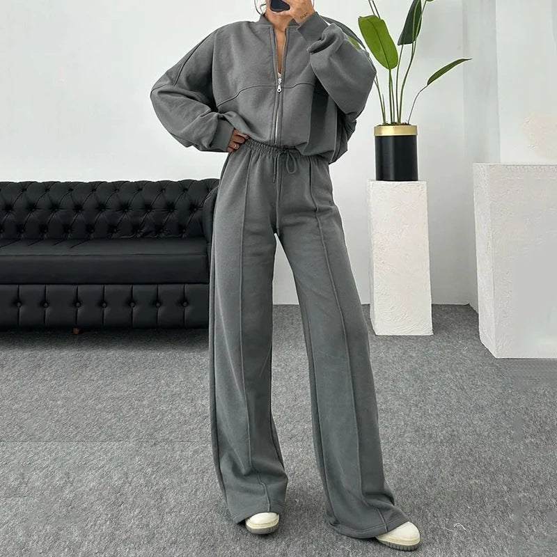 Solid Color Loose Zip Sweater Casual Trousers Suit - Palma